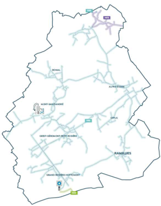 Zone de distribution (1193) alimentée par le captage de Mont-Saint-André (en bleu).
